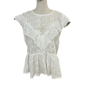 POL Embroidered Ruffle Peplum Blouse Women L Floral Sheer Boho Cottage Victorian